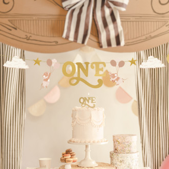 Papír party banner One egérkékkel, 300 cm, bézs-arany