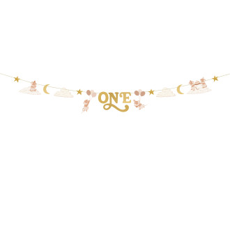 Papír party banner One egérkékkel, 300 cm, bézs-arany