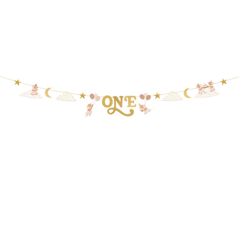 Papír party banner One egérkékkel, 300 cm, bézs-arany