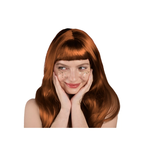 Hosszú, gyömberszínű paróka frufruval – természetes megjelenés