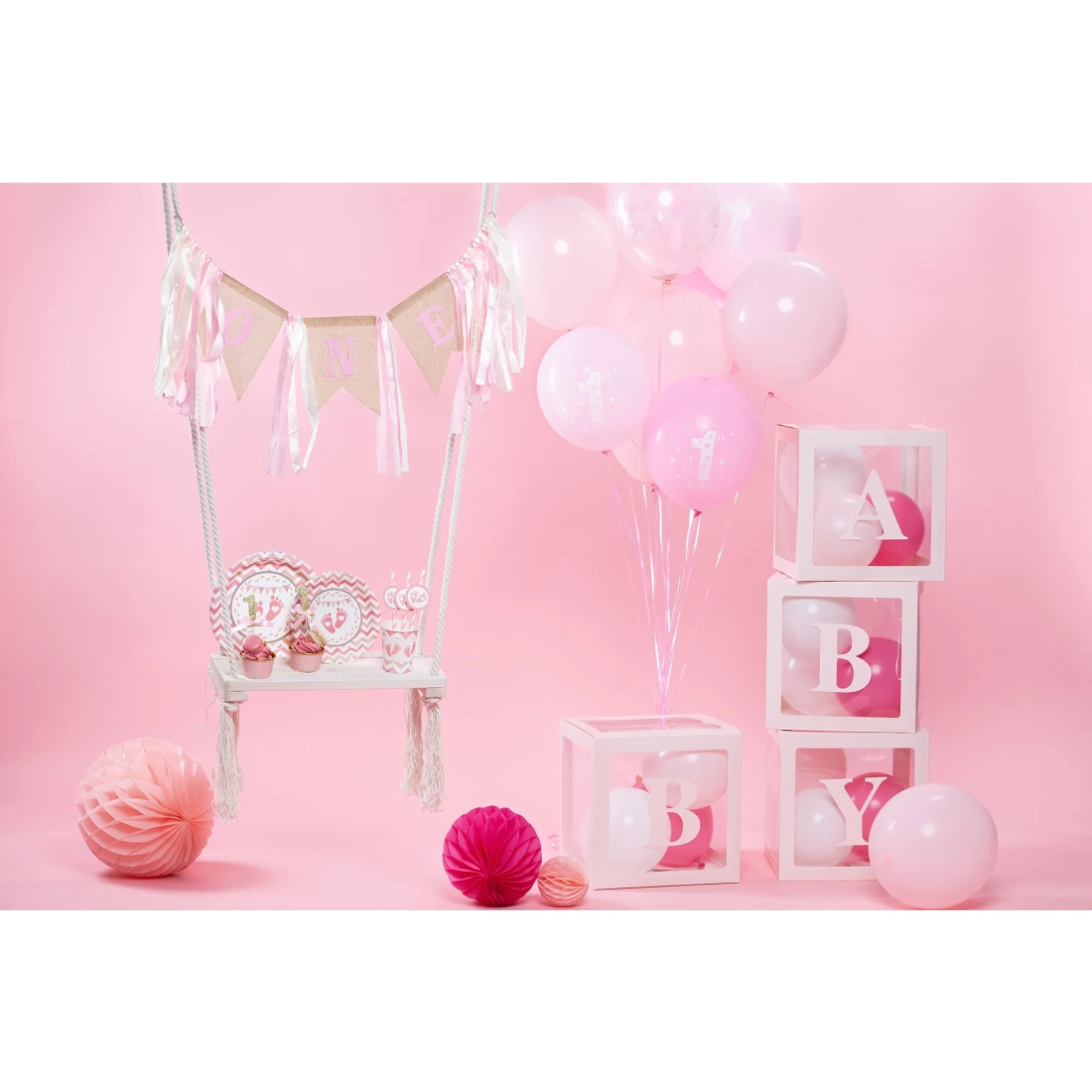 Party léggömbdobozok BABY felirattal, 4 db, rózsaszín