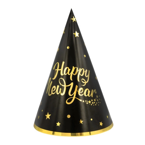 Happy New Year fekete-arany party kalapok, 6 darab