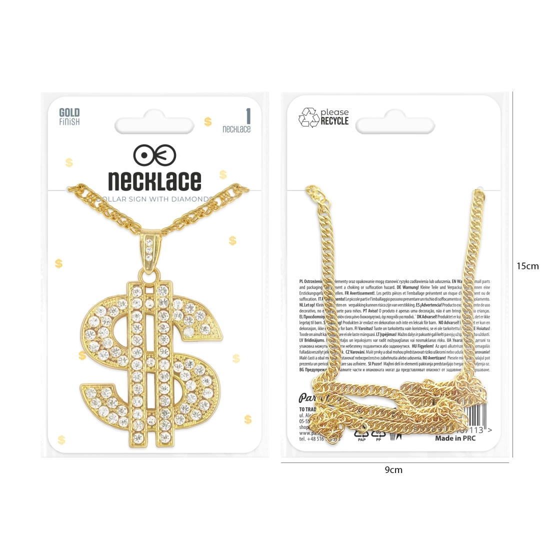 Party ogrlica sa znakom dolara, zlatna s kamenčićima
