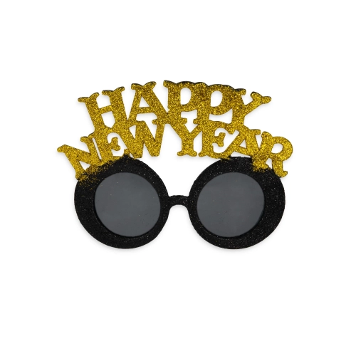 Ochelari de petrecere Happy New Year, negri și aurii, din plastic, 1 buc.