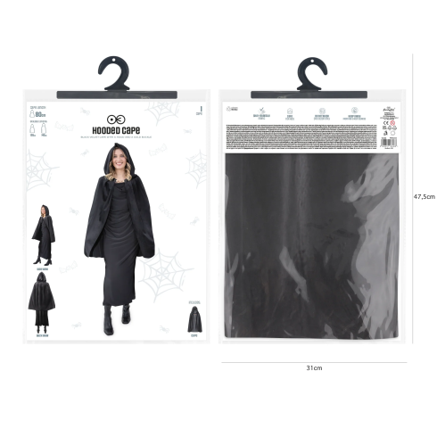 Žametni črni pustni plašč s kapuco 80 cm