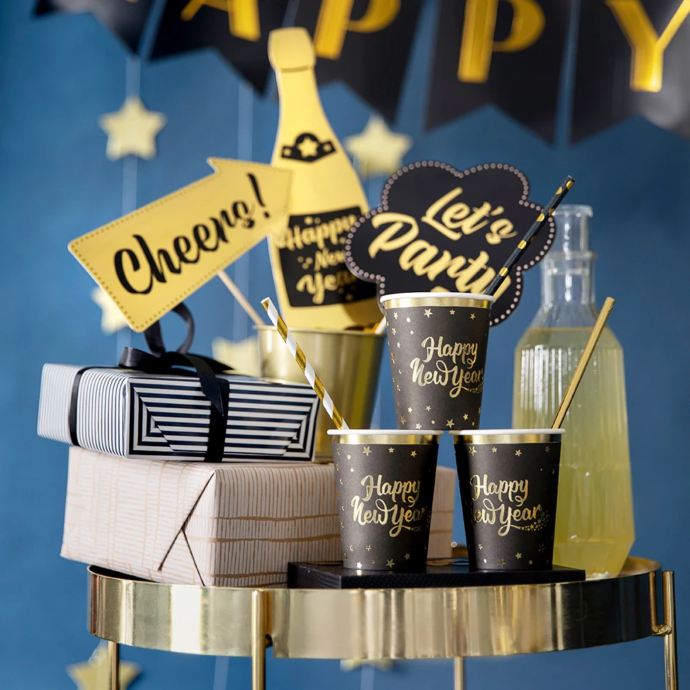 Party poháre Happy New Year čierne 6 ks