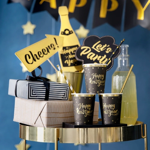 Party poharak Happy New Year, fekete, 6 db