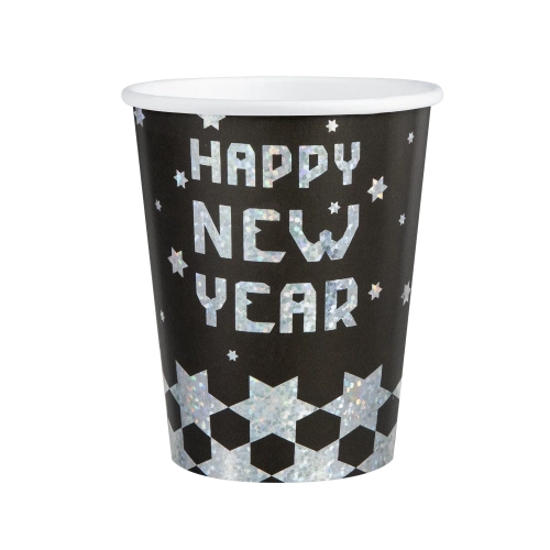 Pahare petrecere Happy New Year, negru-argintiu, 220 ml, set 6 buc