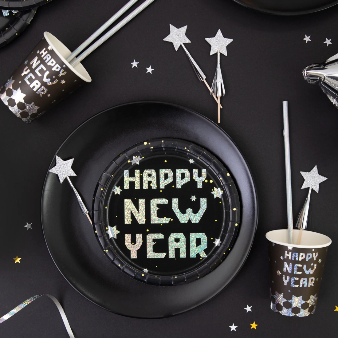 Pahare petrecere Happy New Year, negru-argintiu, 220 ml, set 6 buc