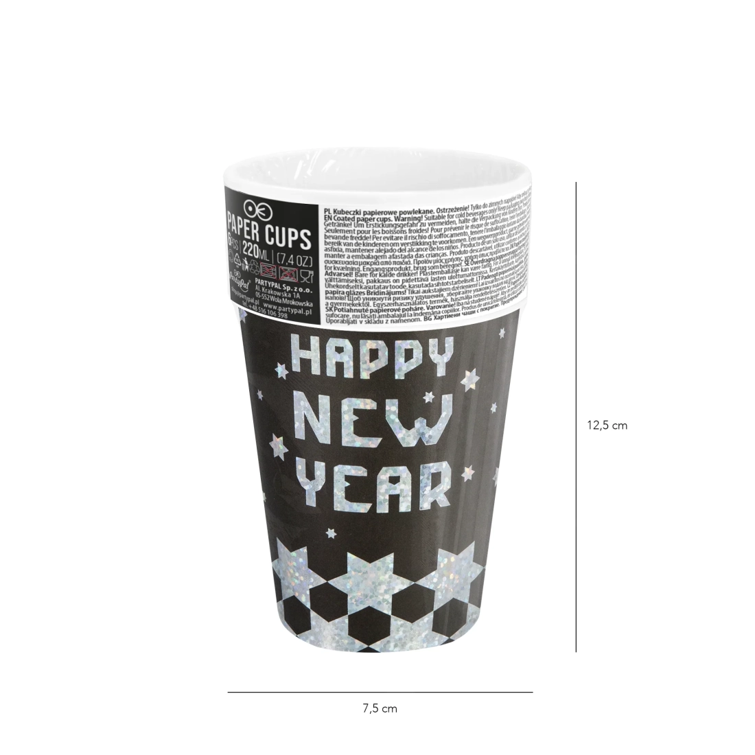 Pahare petrecere Happy New Year, negru-argintiu, 220 ml, set 6 buc