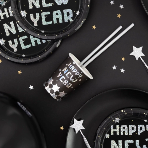 Pahare petrecere Happy New Year, negru-argintiu, 220 ml, set 6 buc