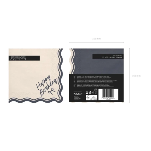 Șervețele de petrecere Happy Birthday Bow bej-negru, 12 buc.