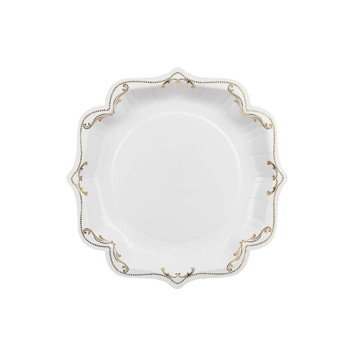 Farfurii de petrecere din hârtie albe cu ornament auriu, set 6 buc.