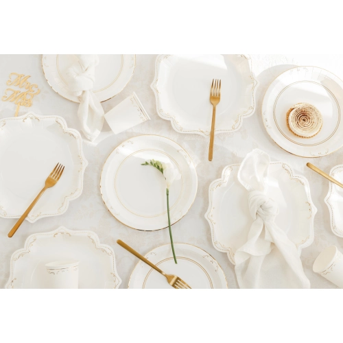 Farfurii de petrecere din hârtie, albe cu ornament auriu, 6 buc.