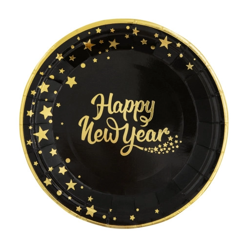 Happy New Year fekete papír party tányérok, 6 db