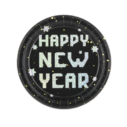 Happy New Year fekete-ezüst papírpartitányér, 6 db