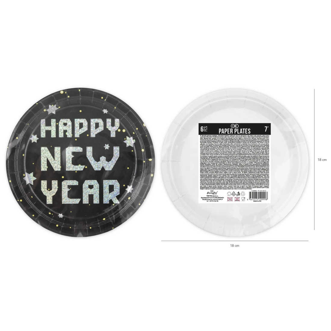 Happy New Year fekete-ezüst papírpartitányér, 6 db