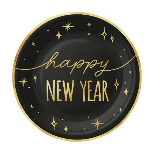 Happy New Year fekete‑arany papírpartitányér 6 db