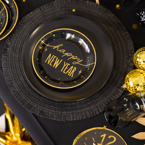 Party tanieriky papierové Happy New Year čierno zlaté 6 ks