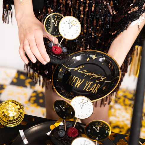 Party tanieriky papierové Happy New Year čierno zlaté 6 ks