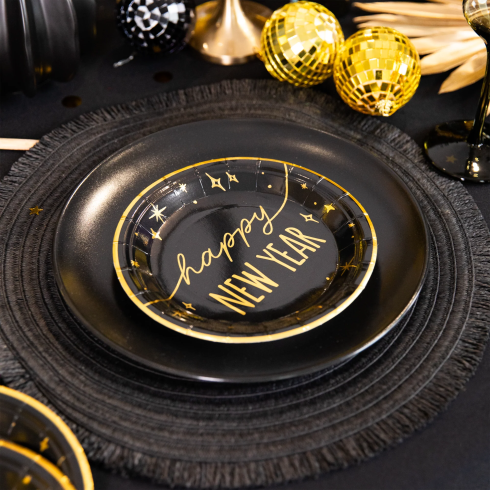 Party tanieriky papierové Happy New Year čierno zlaté 6 ks