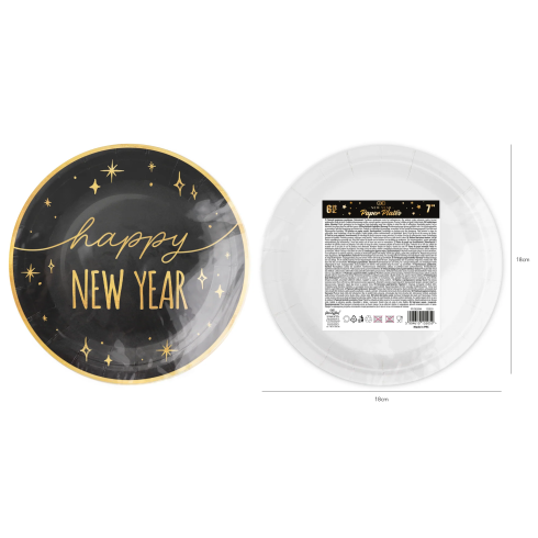 Party tanieriky papierové Happy New Year čierno zlaté 6 ks