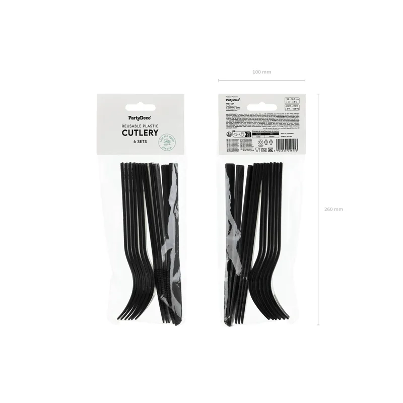 Črn plastičen, večkrat uporaben pribor, 12 kosov