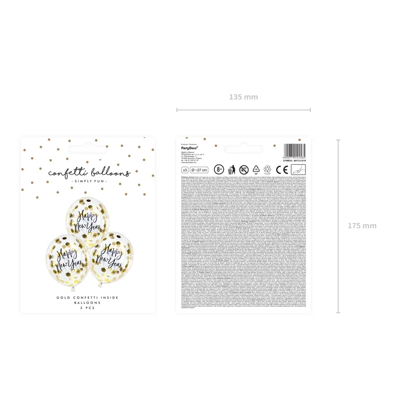 Prozirni baloni s natpisom Happy New Year i zlatnim konfetima 27 cm, 3 kom