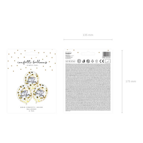 Prozorni baloni z napisom Happy New Year in zlatim konfeti, 27 cm, 3 kos