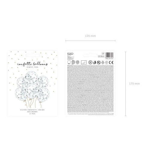 Prozorni baloni s srebrnim konfeti, 30 cm, 6 kosov