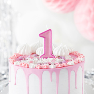 Rožnata rojstnodnevna svečka številka 1 z obrobo – okras za torto