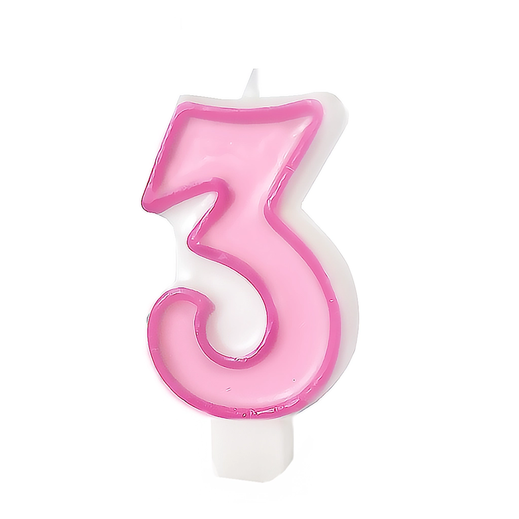 Lumânare roz pentru ziua de naștere, cifra 3, cu margine – decor pentru tort