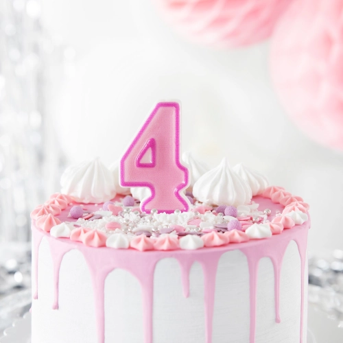 Rózsaszín születésnapi gyertya 4-es szám arany szegéllyel – tortadekoráció