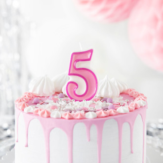 Rožnata rojstnodnevna svečka številka 5 z obrobo – okras za torto