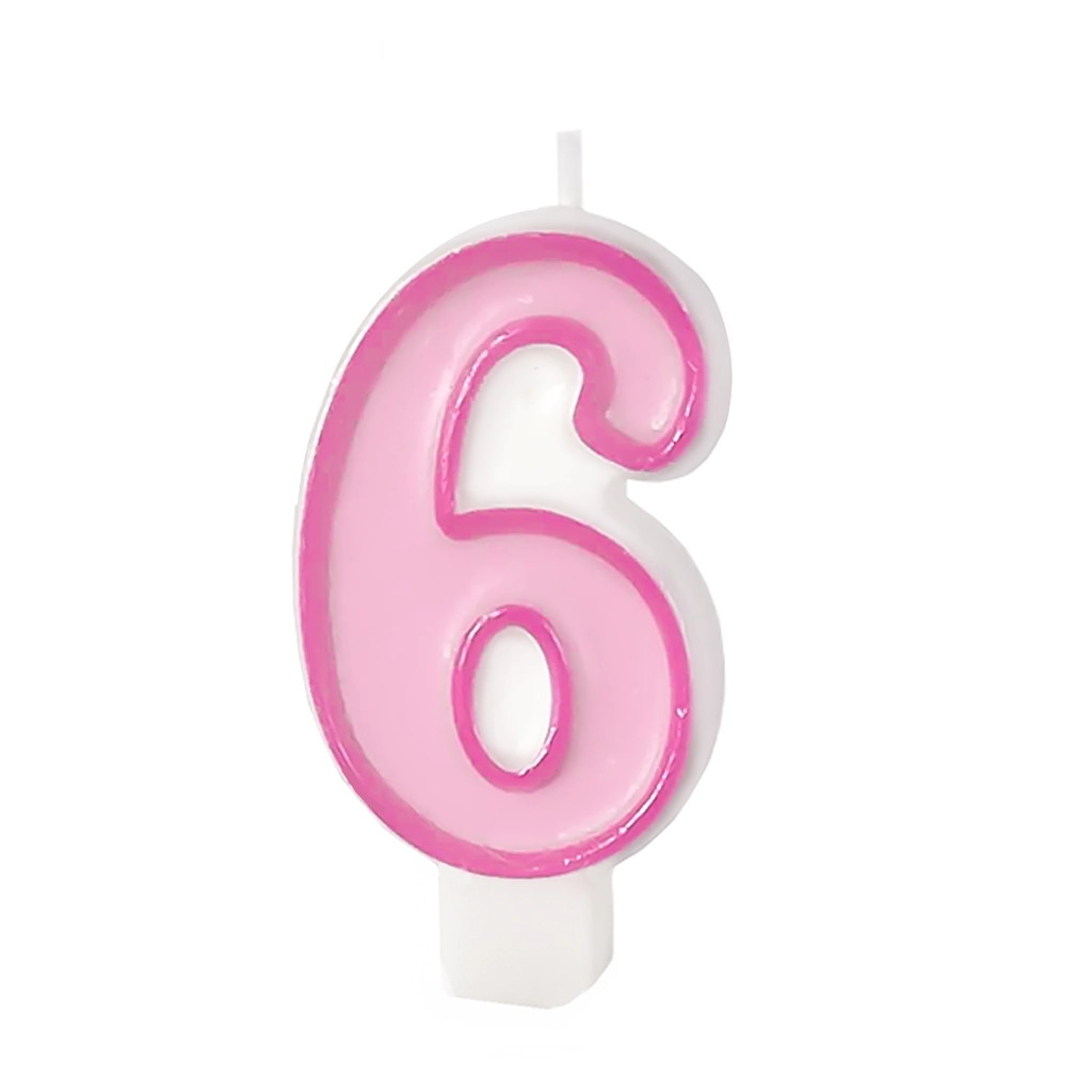 Lumânare roz pentru tort, cifra 6, cu contur – decorațiune pentru tort