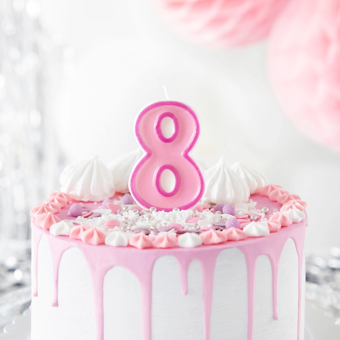 Lumânare roz pentru ziua de naștere, cifra 8, cu contur – decor pentru tort