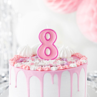 Rožnata rojstnodnevna svečka številka 8 z obrobo – okras za torto