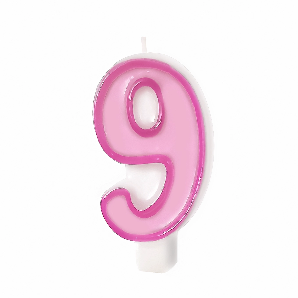 Lumânare roz pentru zi de naștere, cifra 9, cu contur – decorațiune pentru tort