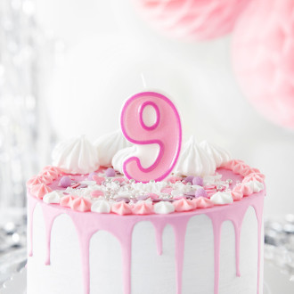 Rožnata rojstnodnevna svečka številka 9 z obrobo – okras za torto