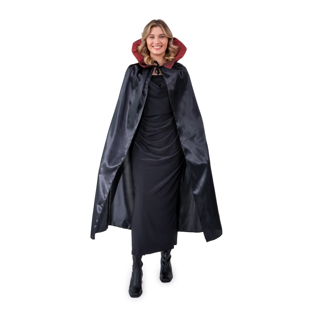 Pelerină de petrecere din satin cu guler decorativ, neagră, 120 cm