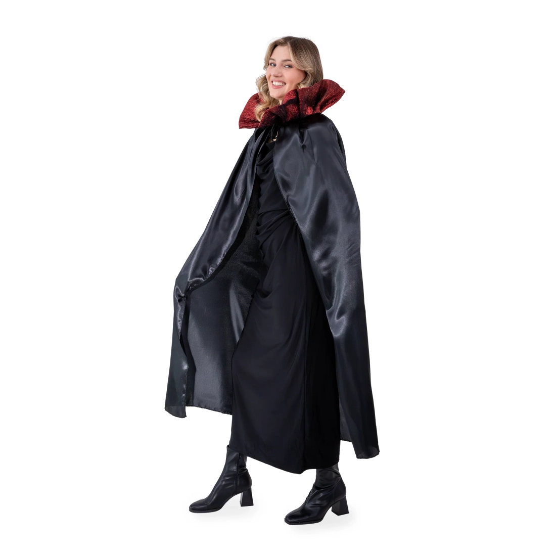 Pelerină de petrecere din satin cu guler decorativ, neagră, 120 cm