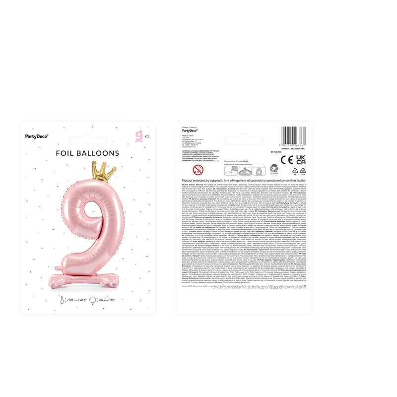 Stoječi folija balon številka 9 roza z zlato krono 84 cm