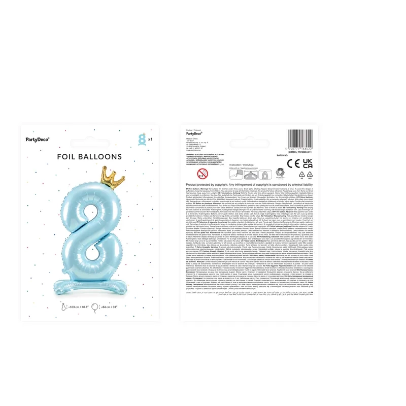 Stoječi folija balon številka 8 modra s krono 84 cm