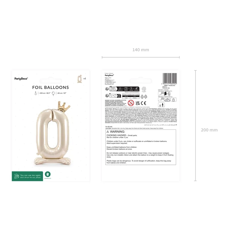 Álló fólia lufi 0 szám, 84 cm, krémszín arany koronával