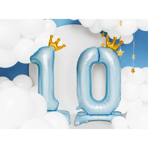 Álló fólia lufi 0 szám, 84 cm, égszínkék arany koronával