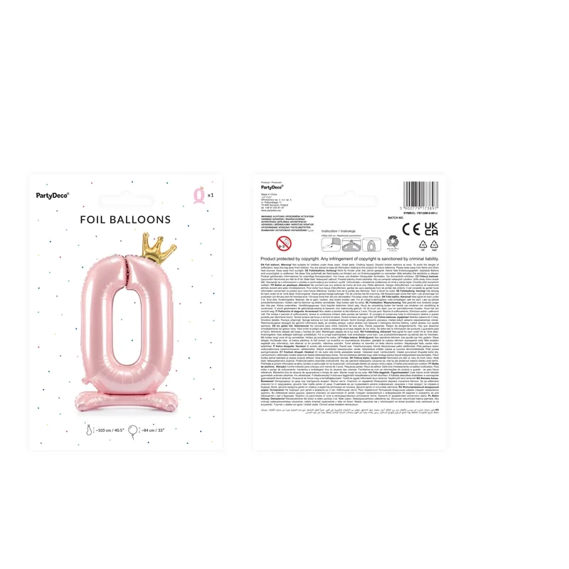 Álló fólia lufi 0 szám, rózsaszín arany koronával, 84 cm