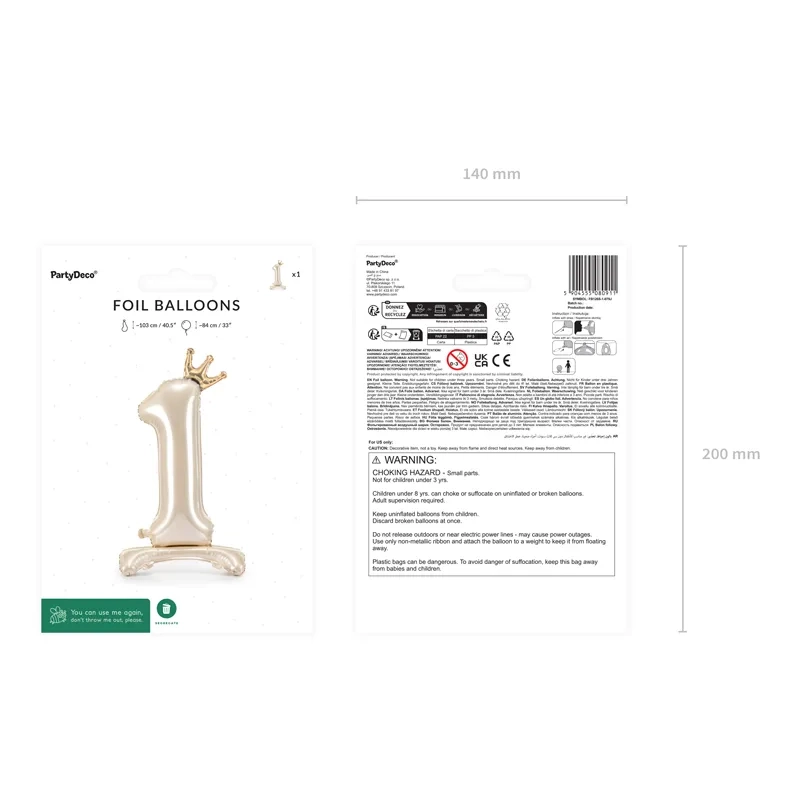 Balon din folie autoportant, cifra 1, crem, cu coroană aurie, 84 cm