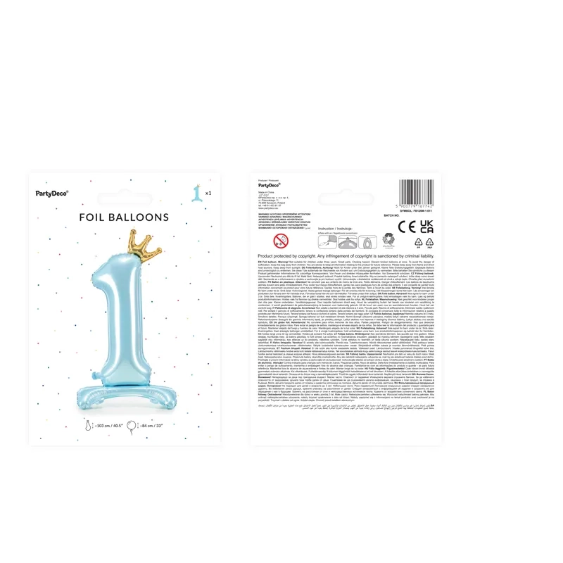 Balon din folie autoportant, cifra 1, albastru, cu coroană, 84 cm