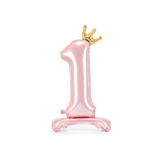 Stoječi folija balon številka 1 roza z zlato krono 84 cm