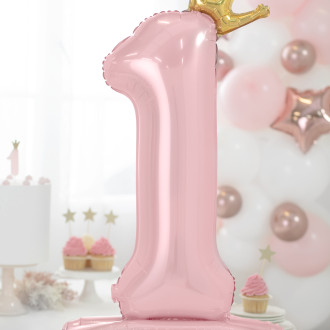 Stoječi folija balon številka 1 roza z zlato krono 84 cm